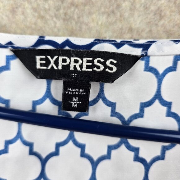 Express Womens Blue White Patterned Zipper Front Cap Sleeve Blouse Size M - Picture 4 of 7